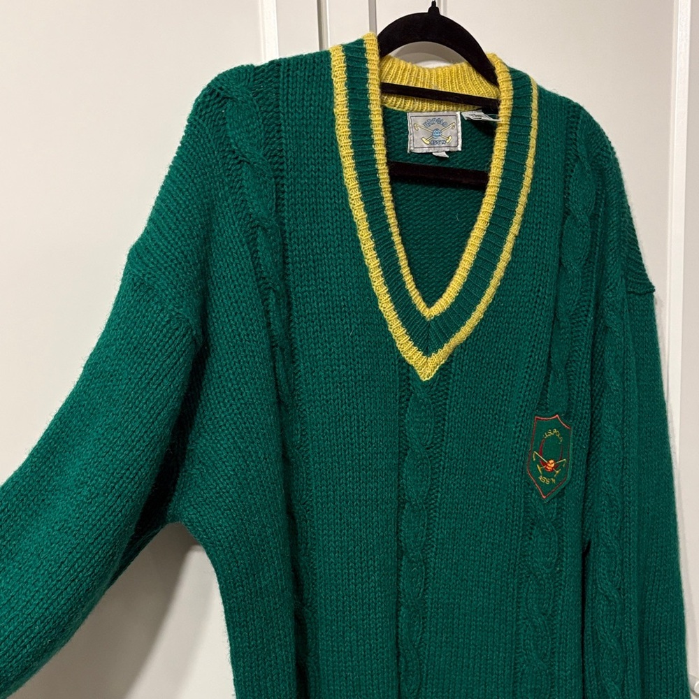 VINTAGE Virgin wool U.S. Polo Assn. V-Neck Sweater in Green with Yellow Trim - Picture 4 of 5